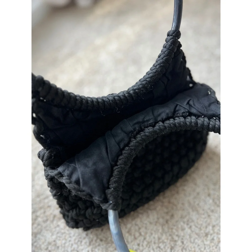 Vintage Crochet Hobo Bag Black Knitted Purse Circle Handle Boho‎ Chic